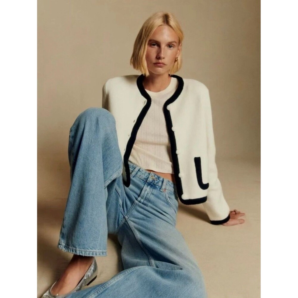 NWOT Sezane White Augusta Jacket, wool long sleeved knitted cardigan w pocket, S